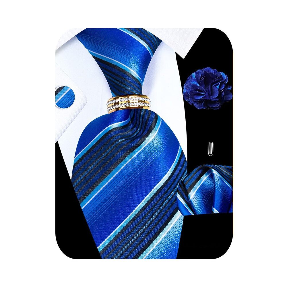 7641 5PCS Blue Striped Tie Pocket Square , Silk Necktie